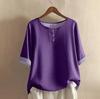 Dames O-hals Blouse met Driekwartmouwen Losse Pasvorm Casual Katoen Linnen Top Effen Kleur Knopen Henley Top