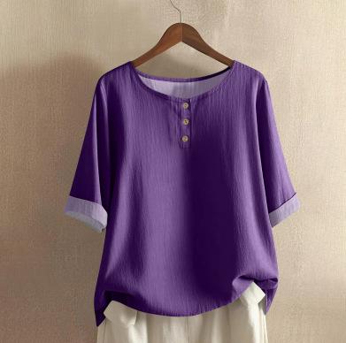 Dames O-hals Blouse met Driekwartmouwen Losse Pasvorm Casual Katoen Linnen Top Effen Kleur Knopen Henley Top