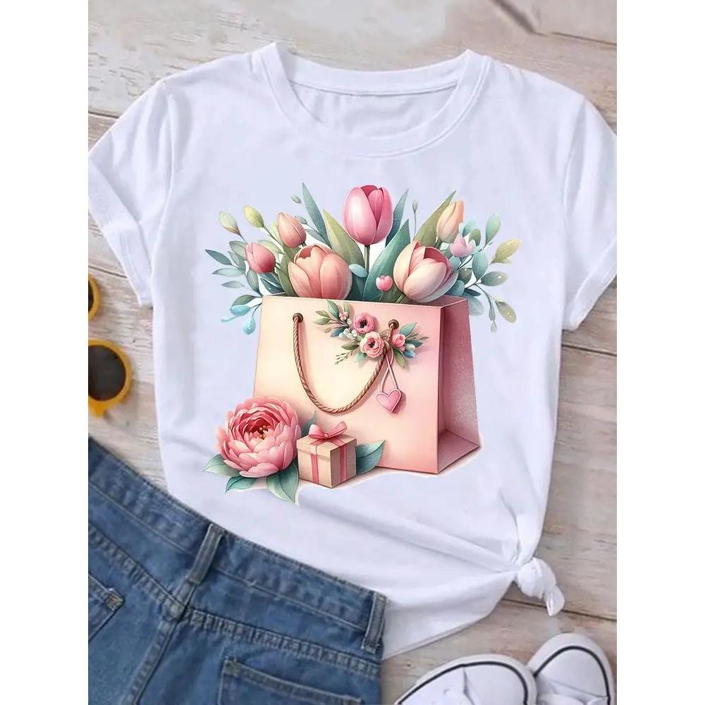 

Watercolor Flower Sweet 90s Women Ladies Casual Top Female Clothing Print White T Shirt Short Sleeve Tee Fashion Graphic T-Shirt XS