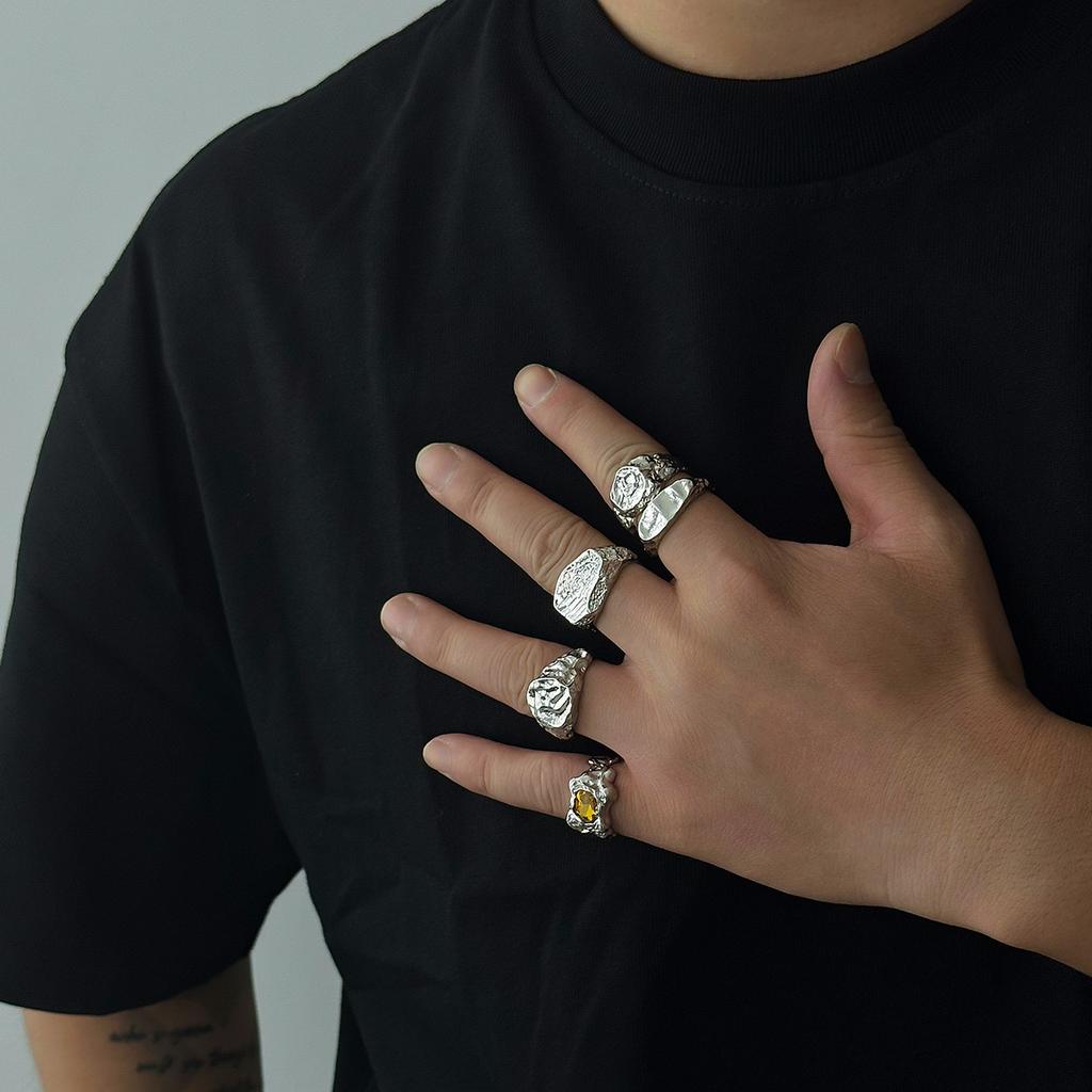 Fashion Rhinestone Ring Set for Men Hip Hop Punk Wrinkled Metal Stackable Rings Hand Jewelry Accessories