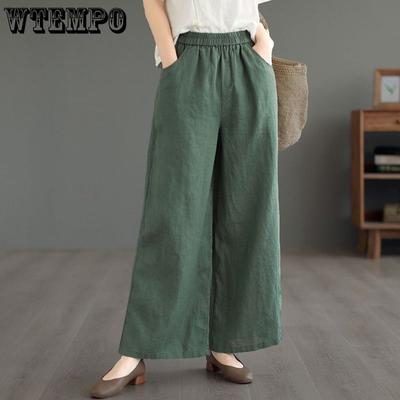 Women Cotton Linen Harem Pants Summer Baggy Elastic High Waist Straight Pantalons Casual Loose Womens Trousers