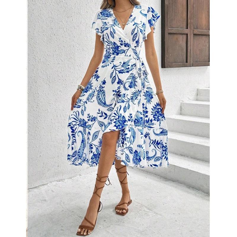 European and American women's clothing 2026 summer printed ruffle edge short-sleeved lace-up dress