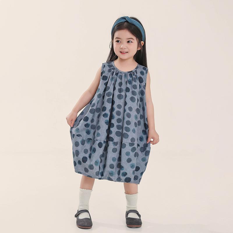 Little Girls Korean Style Polka Dot Sleeveless Summer Cotton Casual Dress 90cm