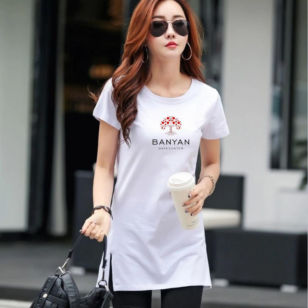 Nowa Bawełniana Koszulka, Krótki Rękaw, Średniej Długości, Z Nadrukiem, Biała Letnia Koszulka, Zakrywająca Brzuch i Biodra