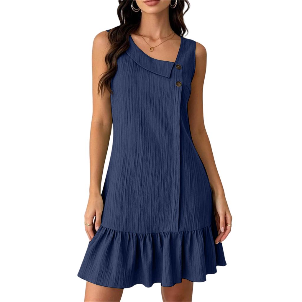 Ärmelloses Falten-Freizeitkleid mit Rüschensaum Knopfdetails Lockere Passform Sommerurlaubskleid für Damen