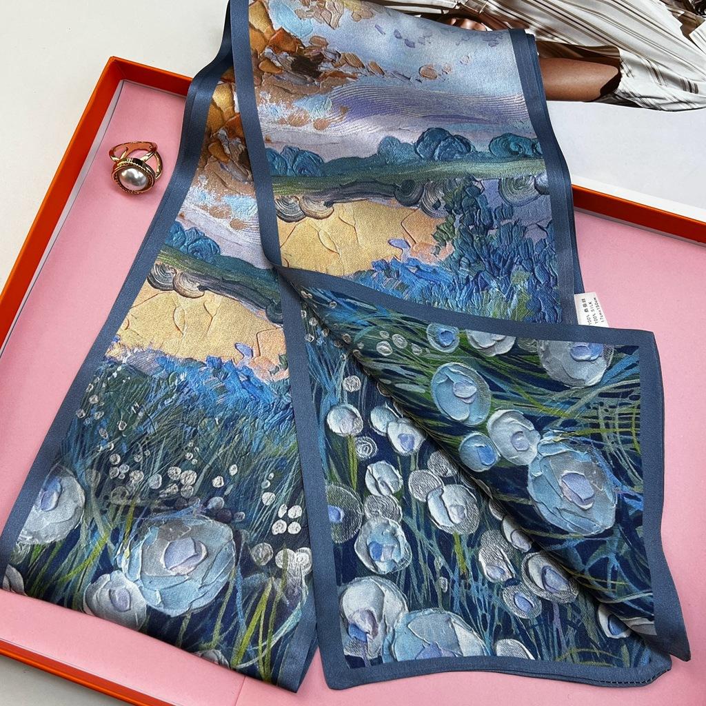 Oil Painting Blue Silk Long Silk Scarf Women'S Shirt Scarf Mulberry Silk Scarf Mother'S Day Gift
