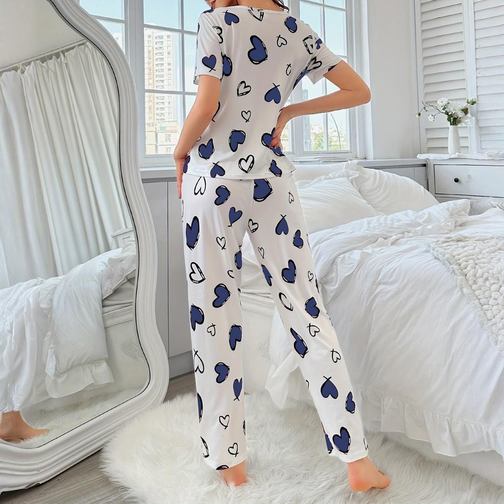 Women's Sleepwear, Short Sleeved Pants, Comfortable Heart Printed Casual Home Suit Set, Sleepwear Suitable For Women To Wear Outside