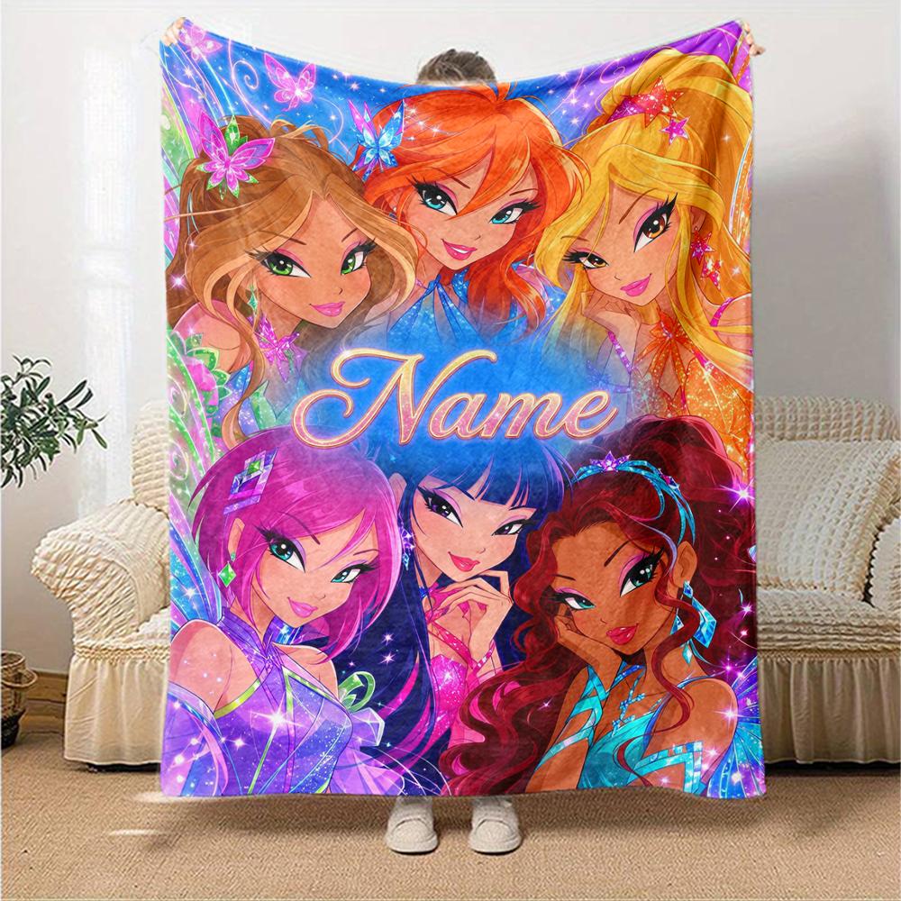 Custom Name Winx Club Theme Printed Blanket Perfect For Couch Bed Travel Outdoor Use Machine Washable Cozy Durable