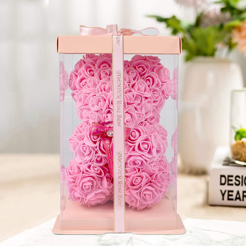 Enhong Rose Bear, Never Withers, Stuffed Toy, Interior Decoration, Birthday, Valentine's Day, Christmas, New Year Present (With Box (Pink))