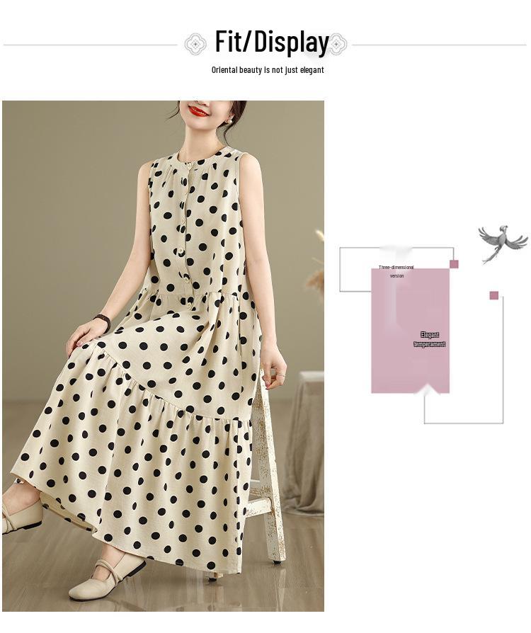 Women's Plus Size Polka Dot Sleeveless Cotton-Linen Dress - French Style