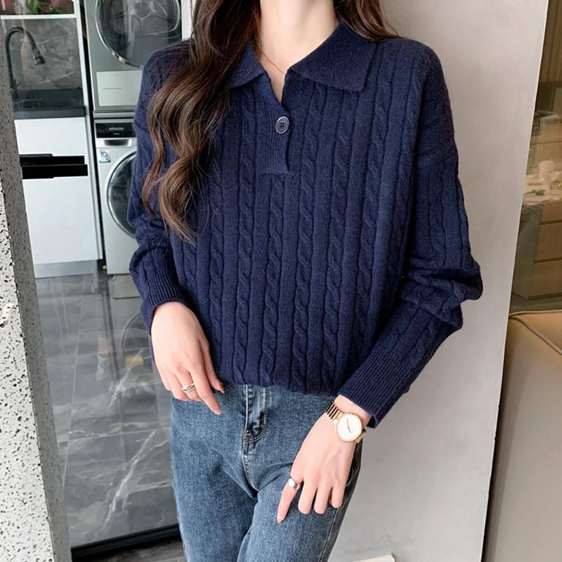 

Трикотаж в стиле ретро, ​​женский свитер с отворотами, повседневный пуловер, топ One size темно-синий