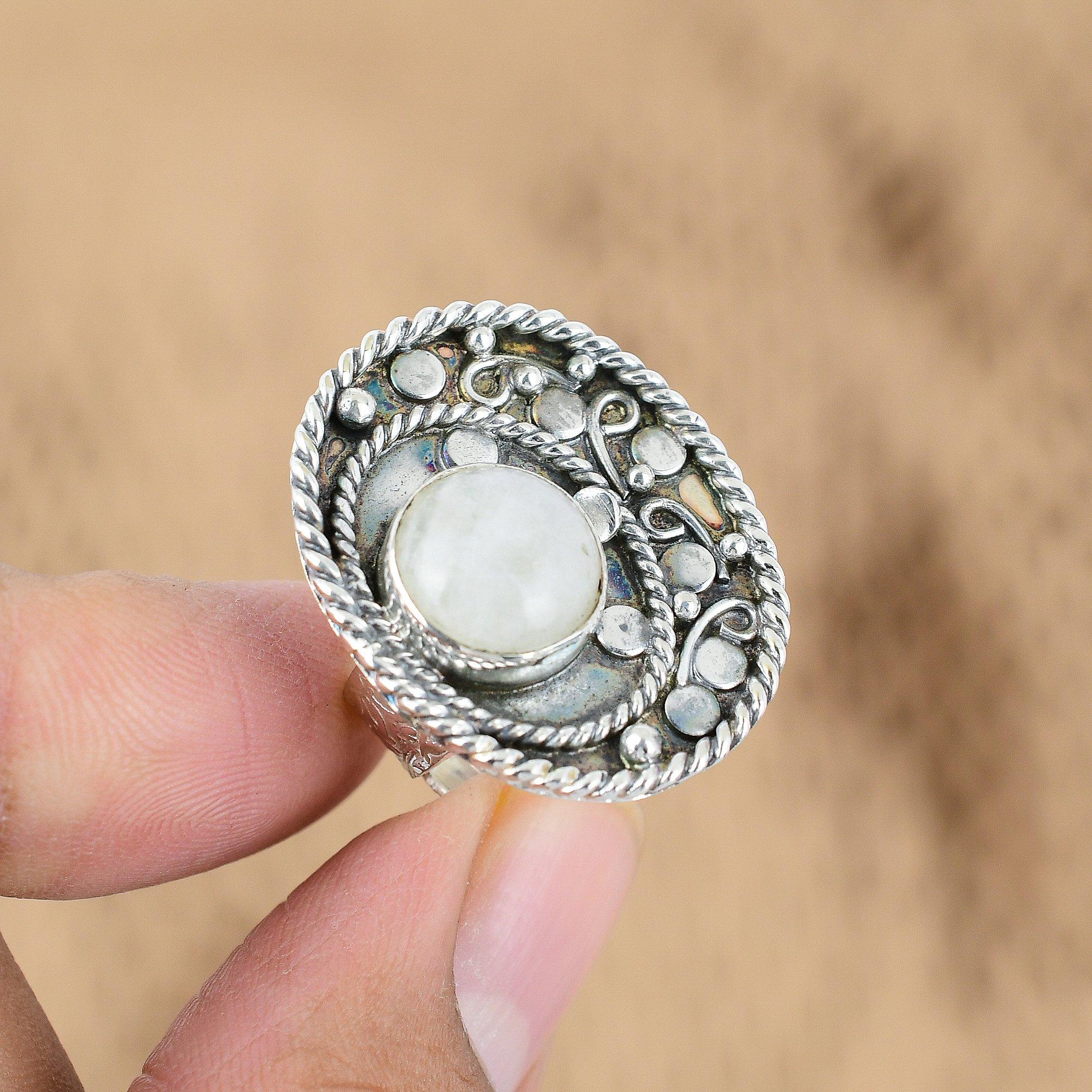 

Round Rainbow Moonstone Stone Sterling Silver Statement Promise Handcrafted Ring Yes