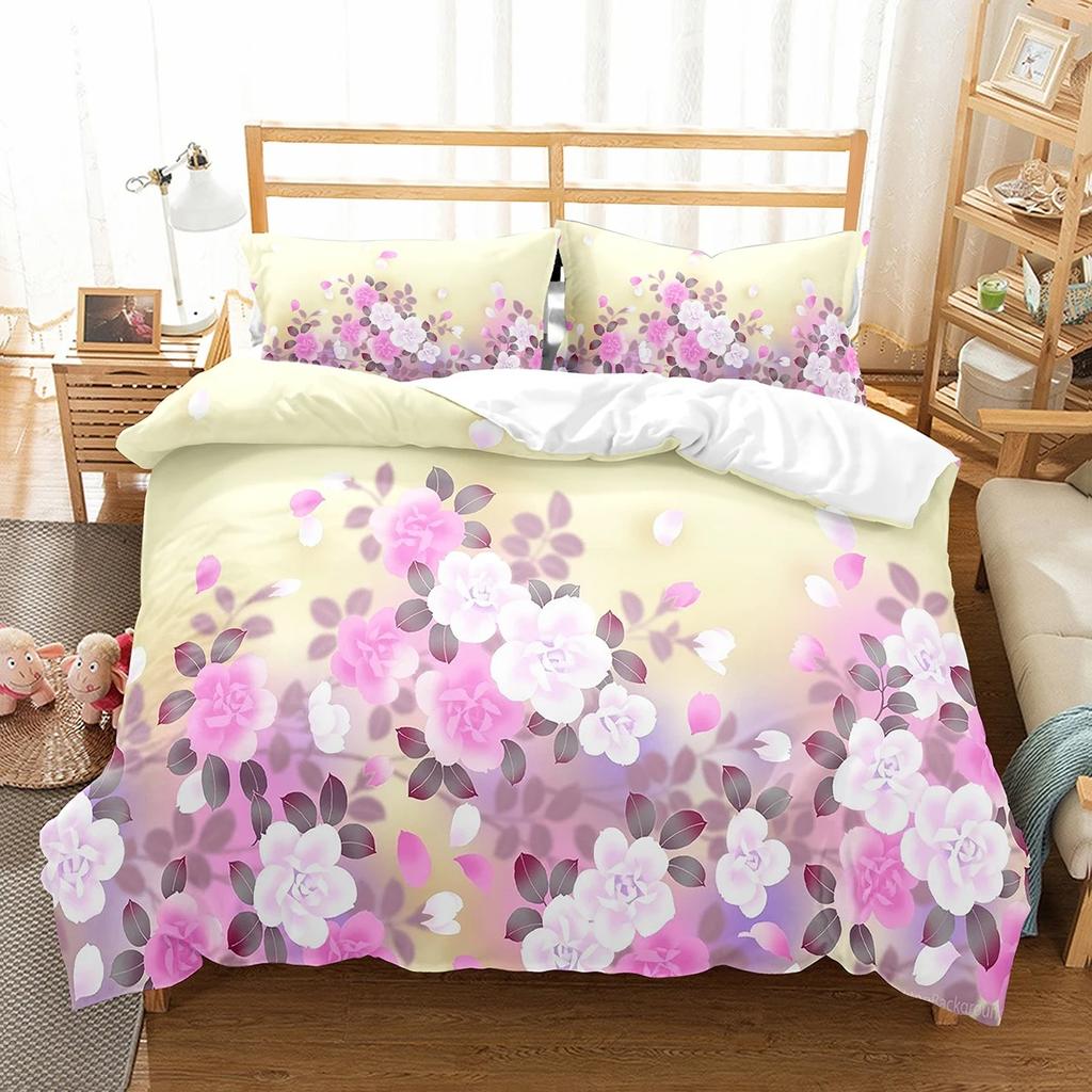 Hibiscus Floral Duvet Cover Twin King Size Tropical Palm Leaves Bedding Set,Botanical Flower Comforter Cover for Girl Teen Room