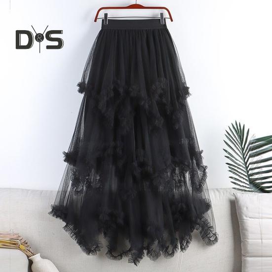 Dámská dortová sukně s polovičním pasem, elastickým pasem, nepravidelným lemem, midi sukně, jednobarevná, síťovaná, kolová, dlouhá sukně, pro každodenní nošení