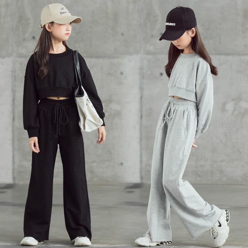 Pantaloni Larghi a Maniche Lunghe da Ragazza per Primavera e Autunno Completo a Due Pezzi Pantaloni da Strada Fritti Vita Alta Stile Coreano da Donna