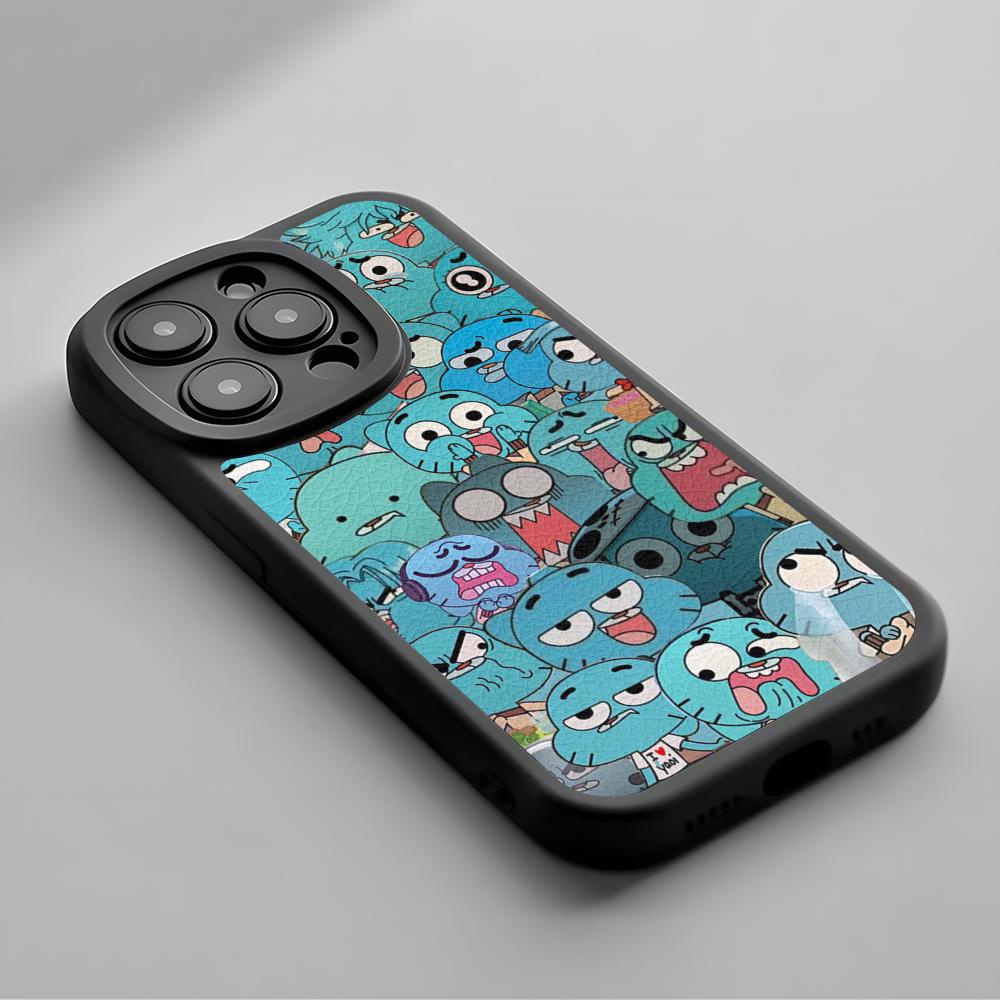 Cartone Animato Gumball Carino Modello Poster Custodia per Telefono Per iPhone 16 15 14 13 12 11 Plus Pro Max Pelle di Agnello Cover in Silicone nero