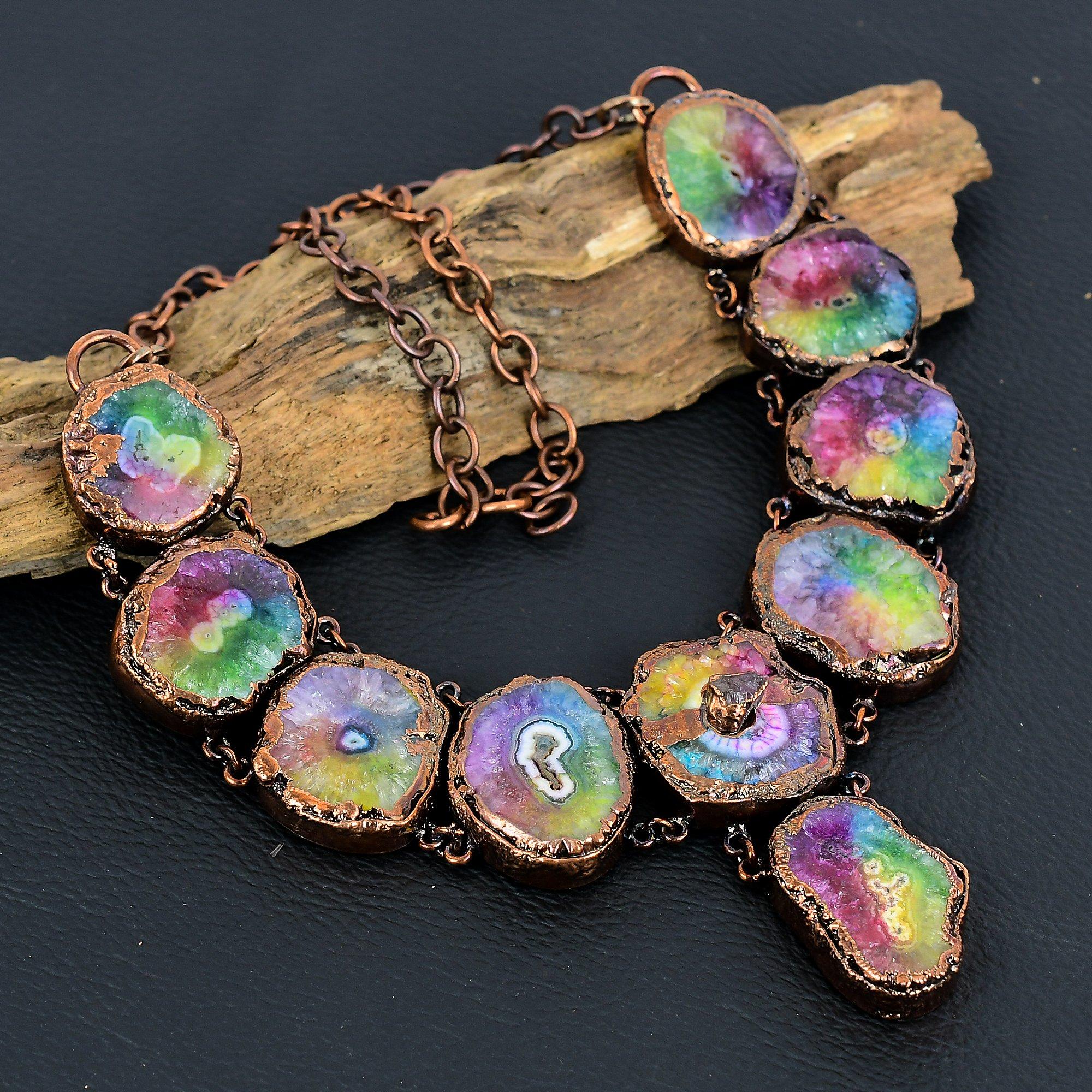 

Rainbow Solar Druzy Necklace Gemstone Jewelry, Copper Electroformed Necklace, Adjustable Handmade Chain Necklace Gift For Wife Jewelry