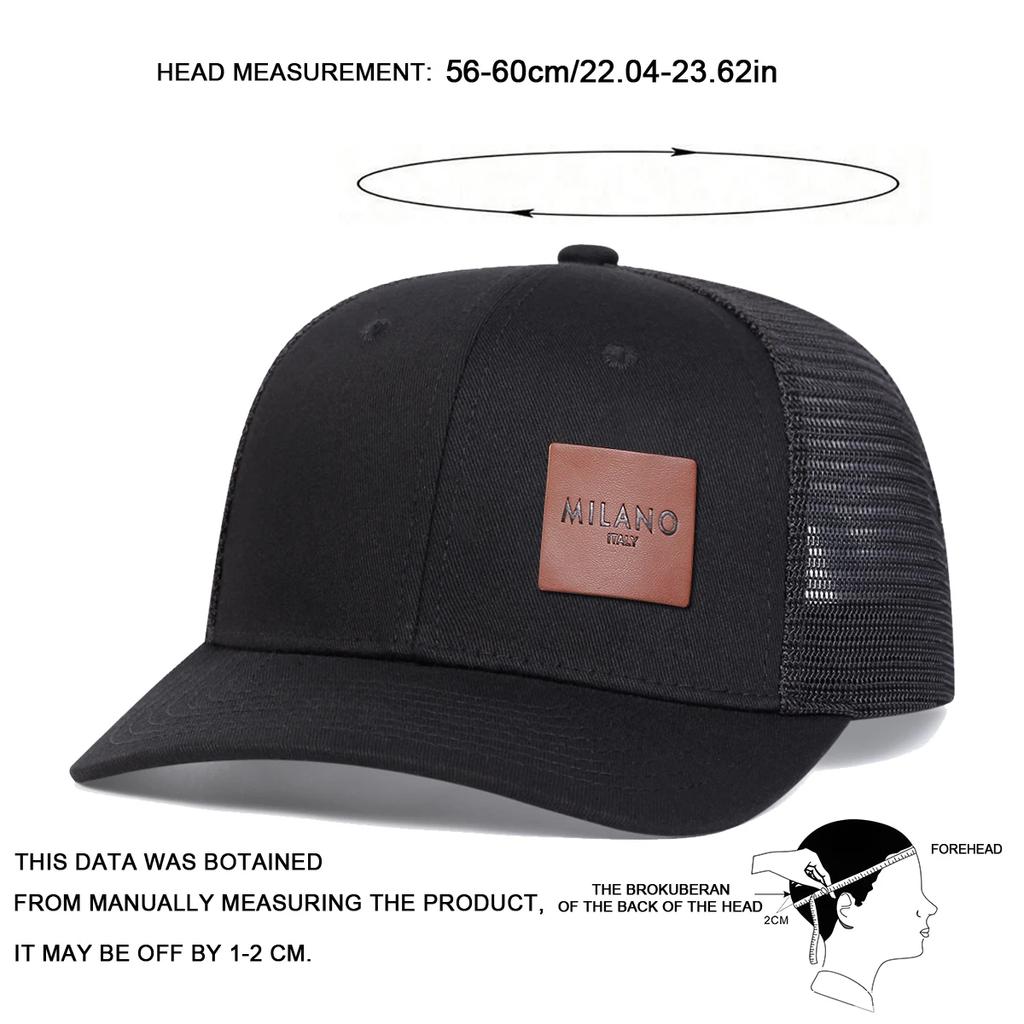 Unisex Brown MILANO Letter Leather Label Baseball Net Caps Outdoor Adjustable Spring and Summer Casual Sunscreen Hat