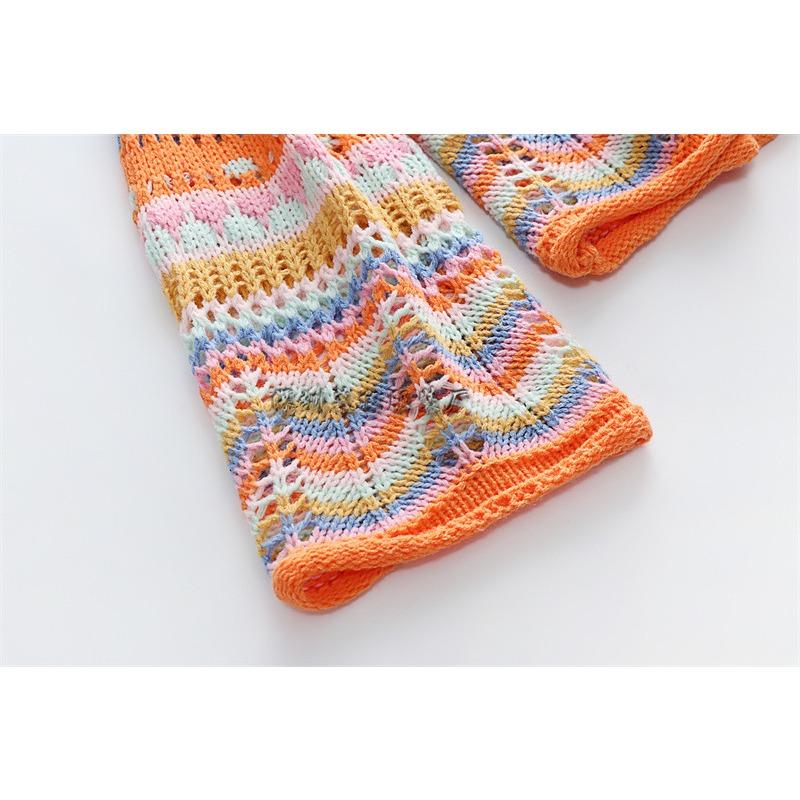 Damrandig tröja lös regnbågsstickad kofta