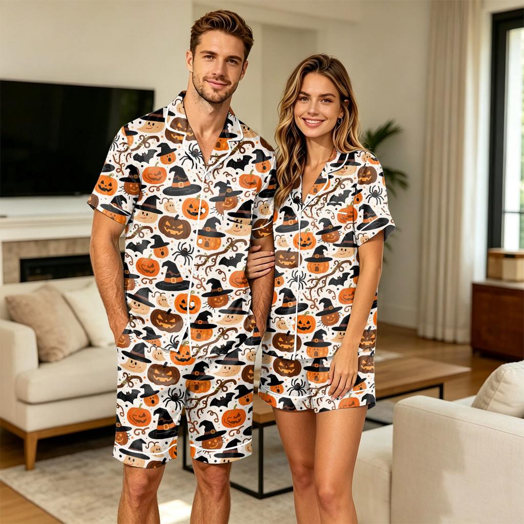 Women's Halloween Print Short Sleeve T-Shirt with Pocket and Shorts Pajama Set for Couples