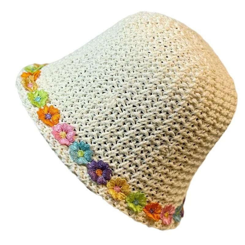 Crochet Bucket Hat with Flower Decals Summer Spring Bucket Hat Crochet Floppy Hat for Adult Teen Hat Knitted Sun Hat