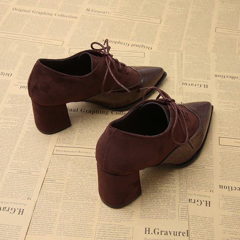 Fashion Wine Red Lace Up Women Pumps Heel Shoes Pointed Toe Office Concise Women Heels Flower Insole Shoes Large Size 42