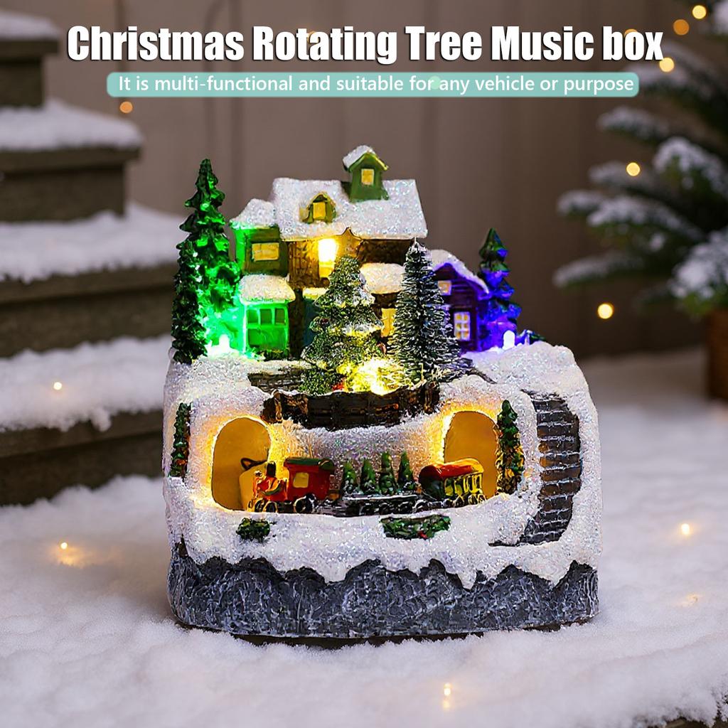 Resin Garden Ornament Music LED Light Christmas Village Figurines Village Rotating Statue for Christmas Home Decor Gift