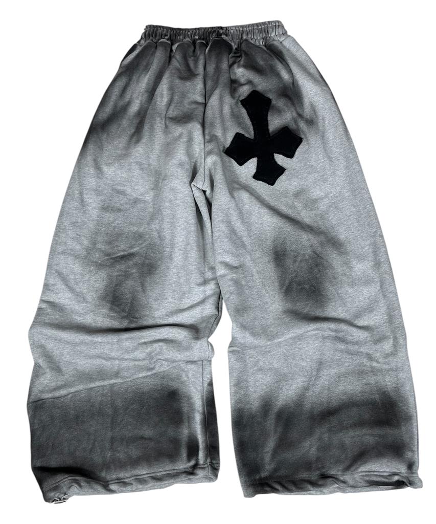 SK8ER ROCK Painting Cross Sweat Wide Pants ((Melange Gray))