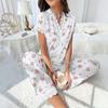 Women's Cherry Print Pajama Set Short Sleeve Button Front Top Long Pants Sleepwear Set Lace