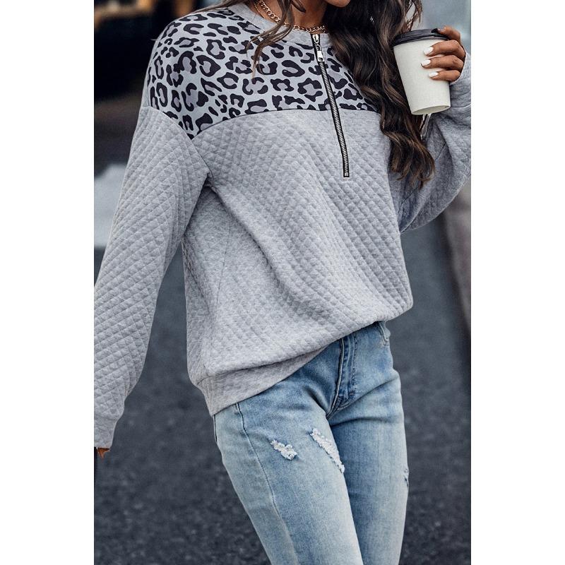 Herbst Winter Leopardenmuster Spleißen Reißverschluss Hoodie für Damen Lässige Wärme Hoodie Langarm Oberteil