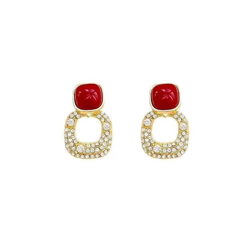 Geometric Red Ankola 925 Silver Earrings for Women - Festive Autumn/Winter Temperament