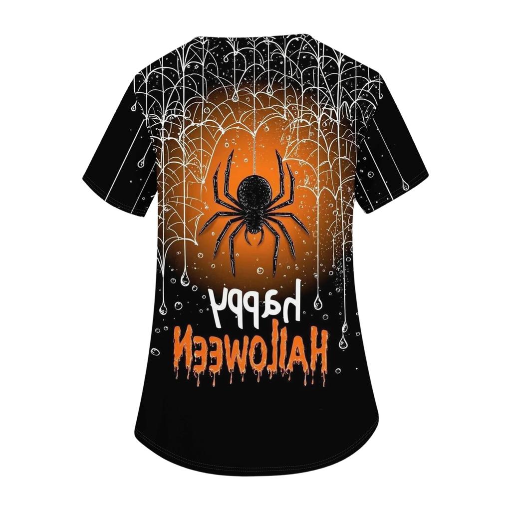 Women V Neck Short Sleeve Work Shirt Double Side Slit with Pockets Halloween Print Top Casual Comfortable Fit