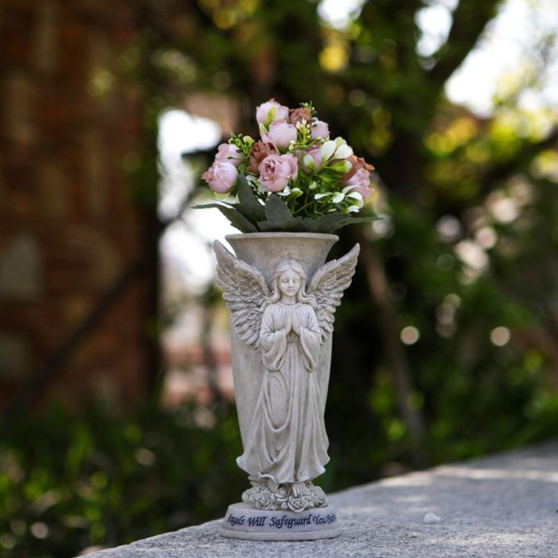 Cemetery Vases Praying Angel Sculpture Ornament Resins Outdoor Decors Flower Holder Pot For Memorial Garden Grave Site