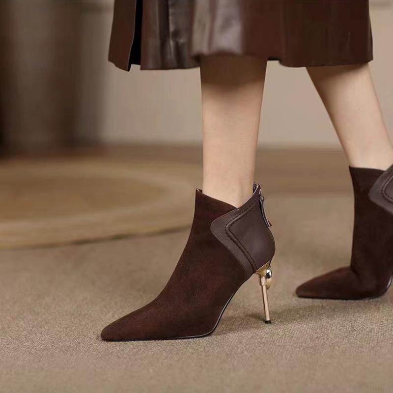 Fashion 2024 Autumn Women Ankle Boots Elegant Brown Suede Short Botas Mixed Leather Iron Thin High Heels Black Botines Femininos Zapatos