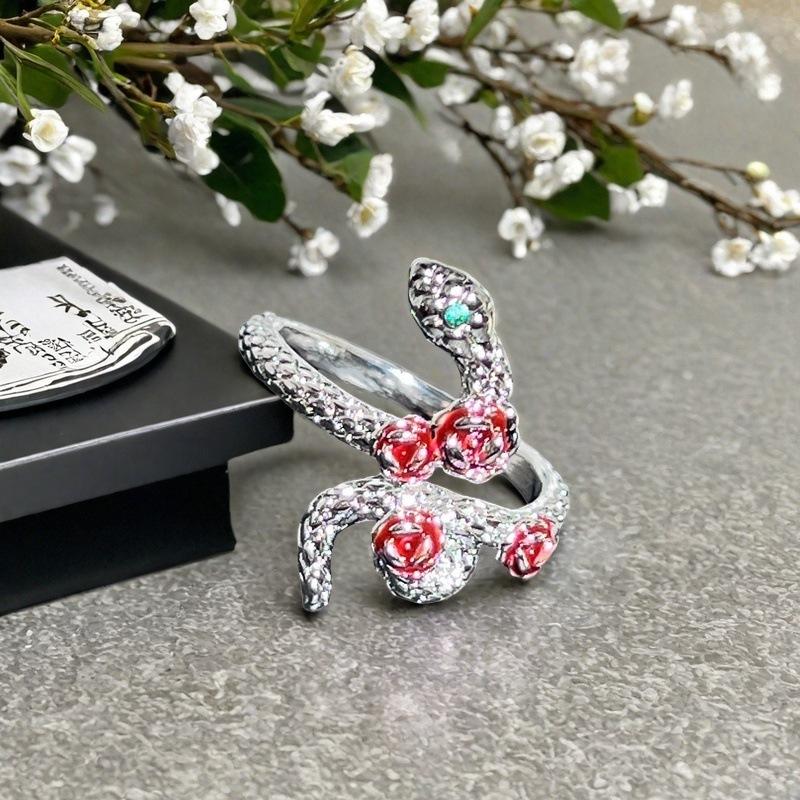 

Green-Eyed Zircon Small Snake Dripping Oil Rose Open Ring Retro Three-Dimensional Winding Snake Niche Personality Ring Adjustable opening