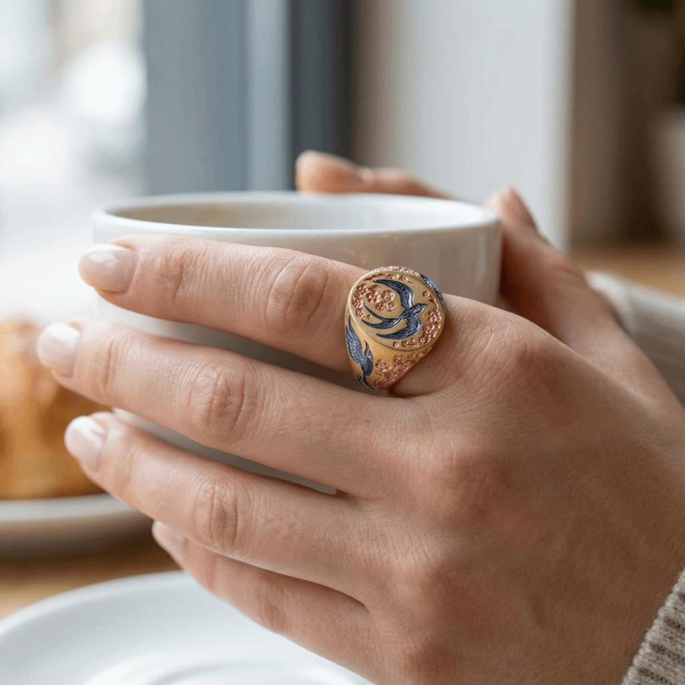 Vintage Enamel Floral Ring Light Luxury Bird Rings Sweet Wild Duck Ring Ethnic Style