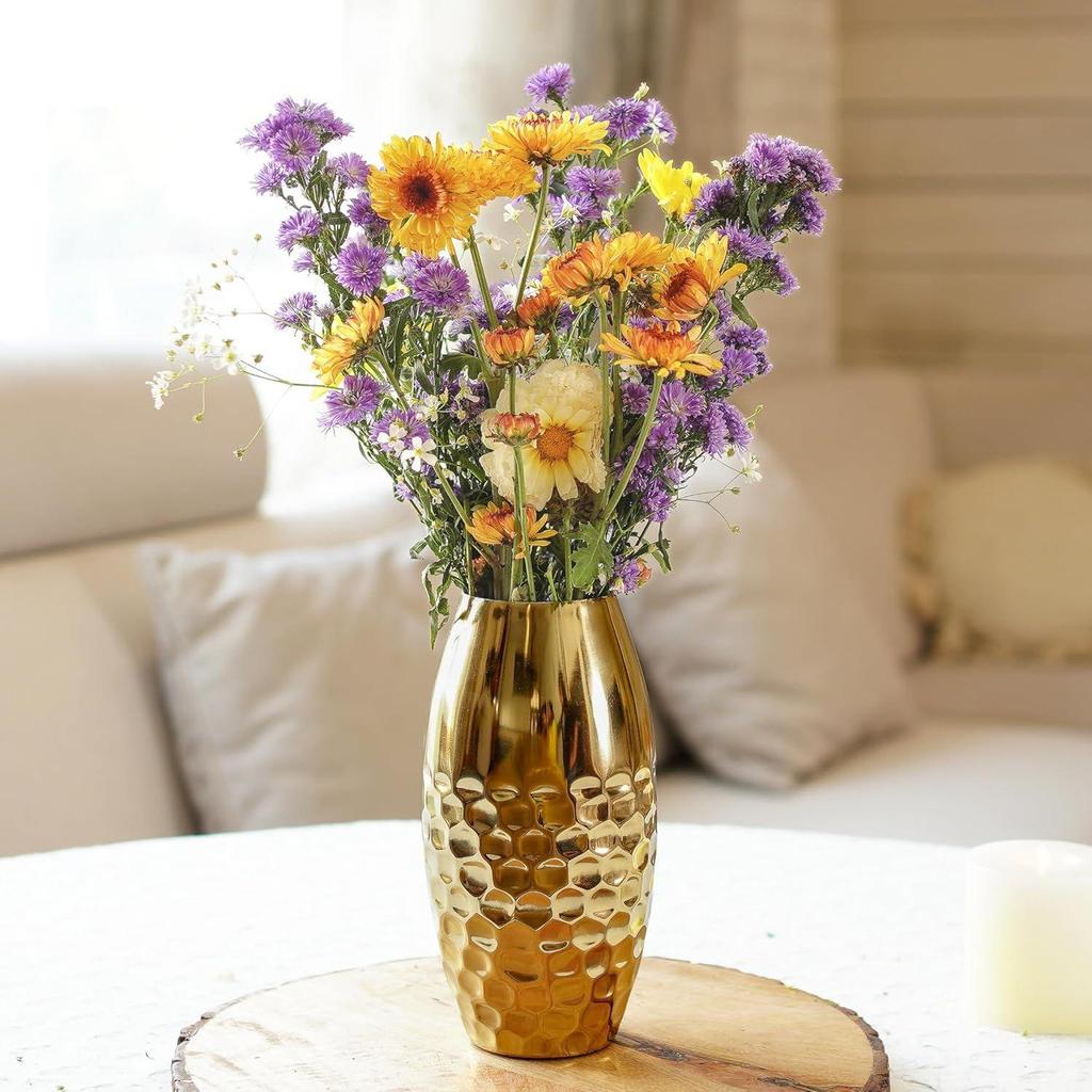 Indoor Living Room | Best Gift for Birthday Anniversary Valentine's Day |Golden Half Hammered Oblong Shape 1 Large Pcs (Flower Not Included)