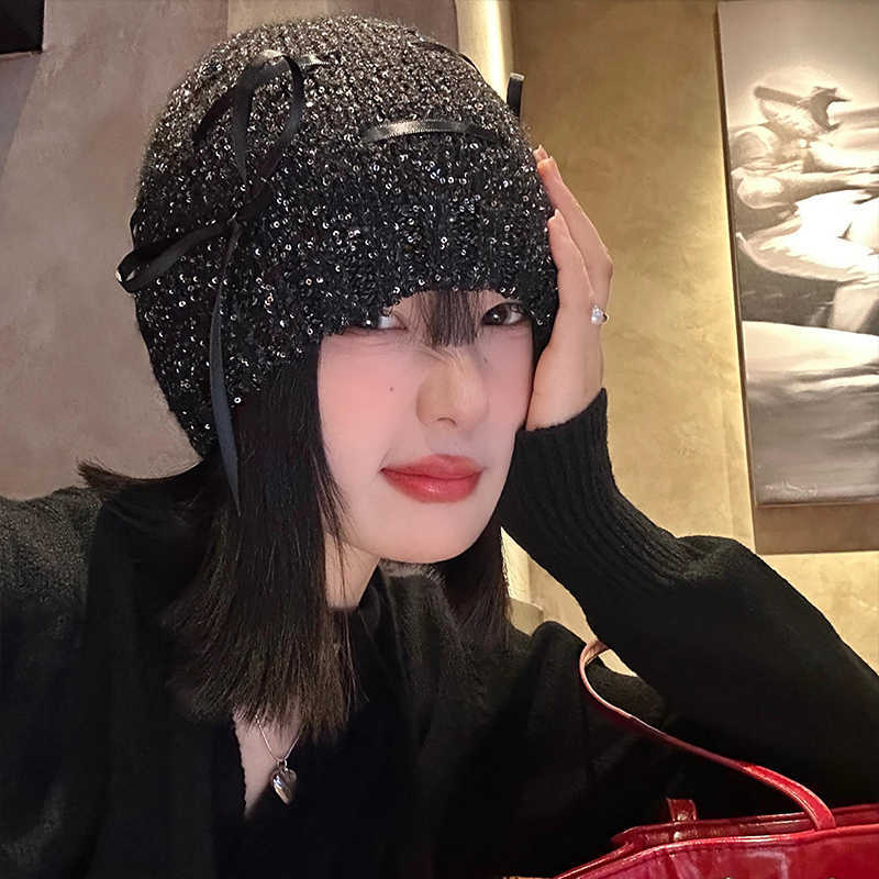 Korean New Hat for Women with Autumn and Winter Bows Bag Head Hat Big Head Circumference  Small Cold Hat Versatile Sequins Pile Hat