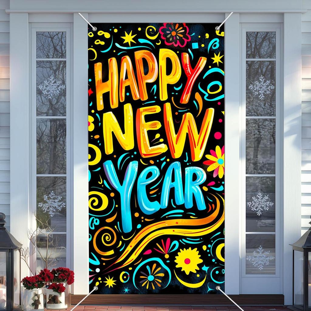 IVN 71x35 Inch Happy New Year 2026 Banner Door Cover New Years Eve Party Backdrop Black Gold Balloons Gift Box Polyester Fabric Front Door Porch
