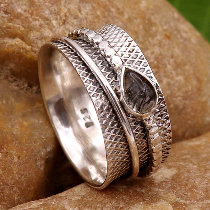 Anello Spinner Rutilo Nero, Anello in Argento Sterling, Anello Spinner, Spinner Tombolo con Pietra Preziosa, Anello Spinner di Design, Regalo per Lei, Regalo di Capodanno