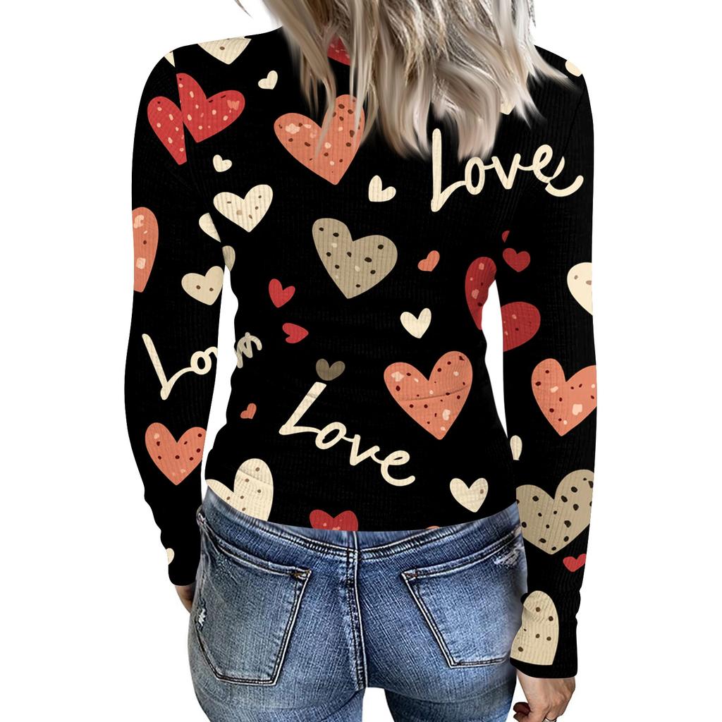Women's Casual And Fashionable Round,neck Long,sleeved Ribbed Top With Valentine's Day Print.