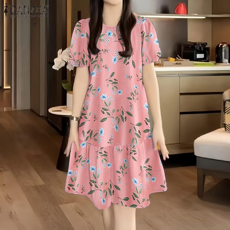 ZANZEA Women Floral Print Summer Casual Round Neck Short Sleeve Dress