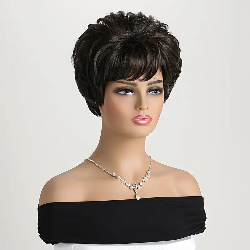 Dunkelbraunes Synthetikhaar Kurze Lockige Perücke mit Seitenscheitel Hitzebeständige Perücke für Schwarze Frauen Mommy Wigs Täglich Lässig
