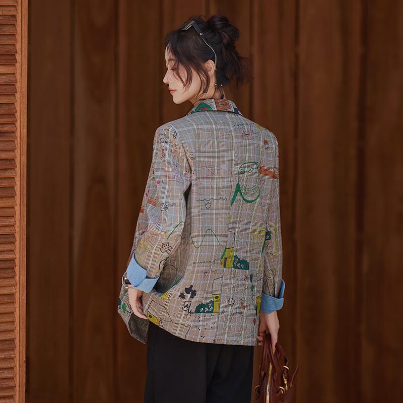 Damen Blazer mit Graffiti-Karomuster, lockere Passform