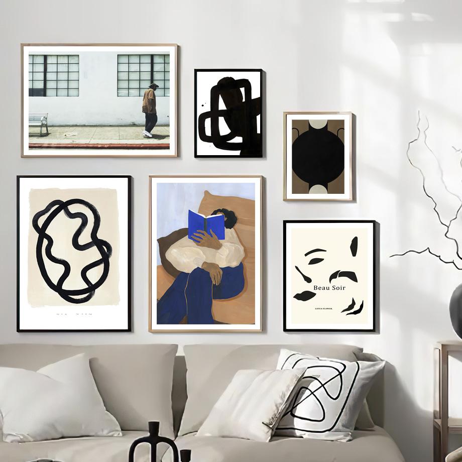 

Настенный художественный принт на холсте, абстрактная геометрическая линия, полосатая одежда, чтение для девочек, скандинавский постер, Декор, фотографии для гостиной