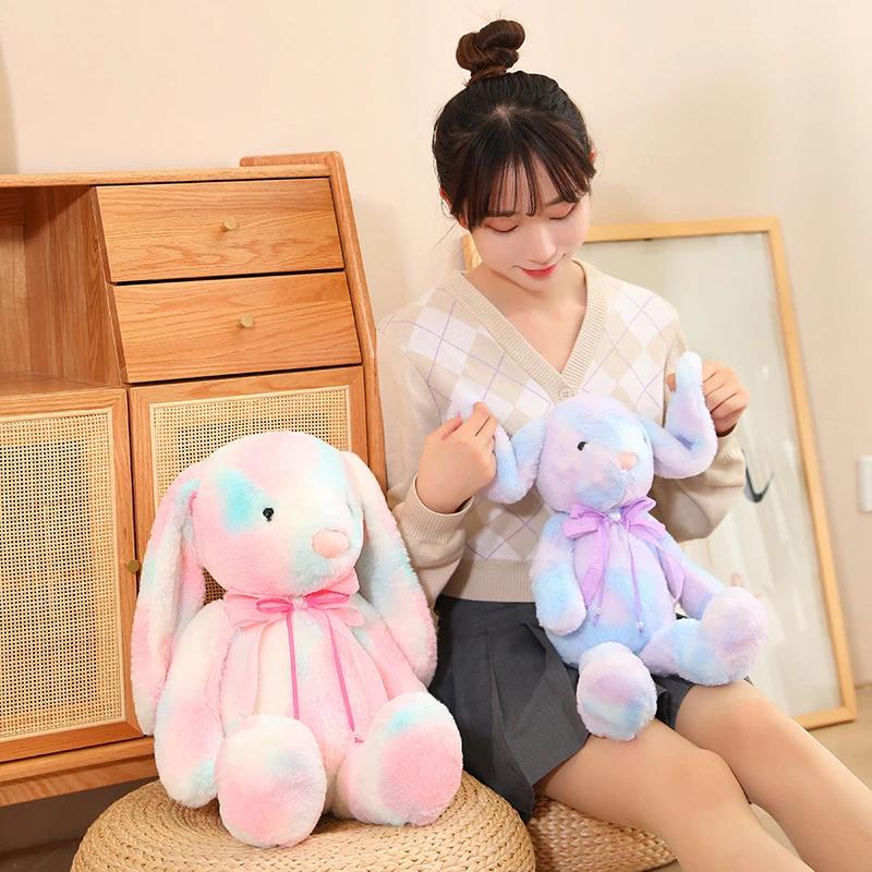 Easter Rabbit Bunny Stuffed with Long Floppy Ears, Colorful Tie Dye Rabbit Plush Toy Bedtime,Super Soft Colorful Rabbit Plush