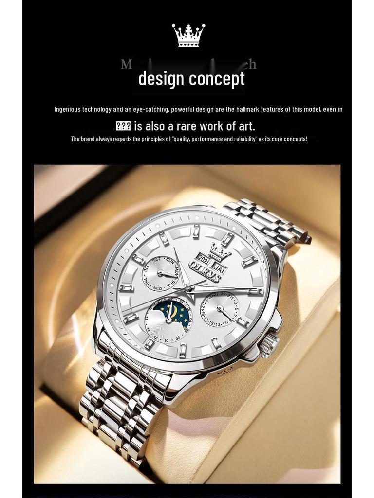 Oulishi Multifunktionale Automatische Wasserdichte Herrenuhr mit Ewigem Kalender
