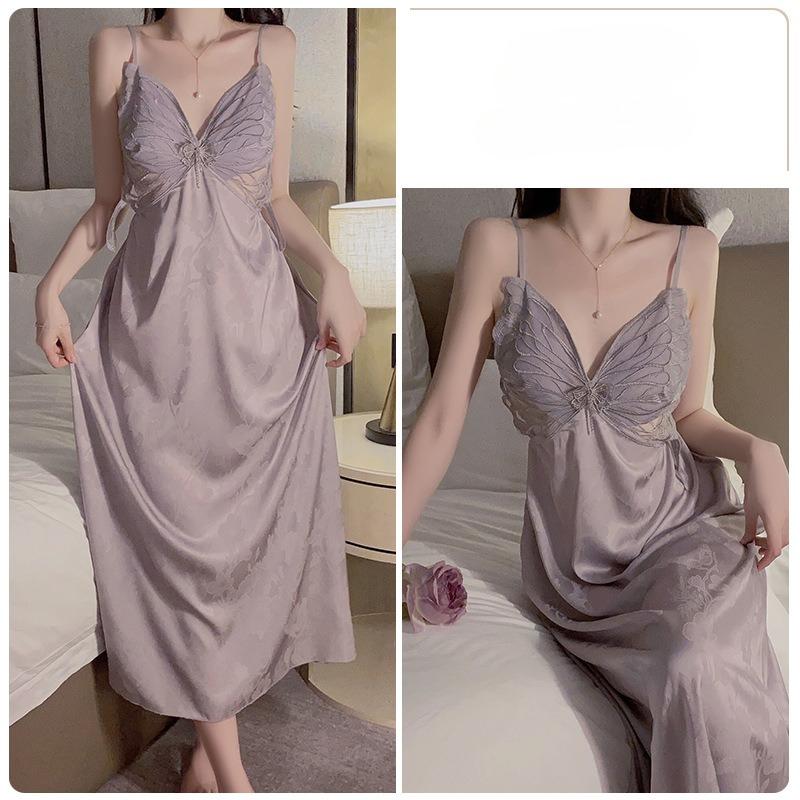 Women’s Long Ice Silk Nightdress Sexy Backless Sleep Dress Push-Up Padded Mesh Cami Sleepwear
