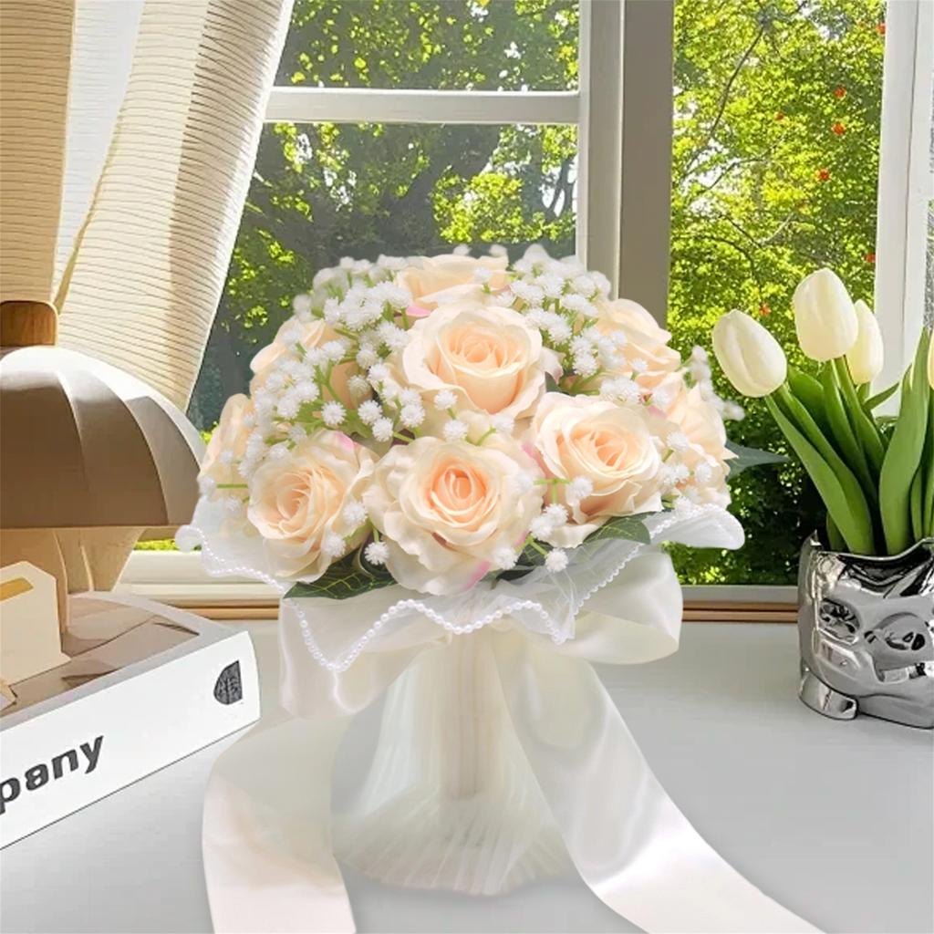 Elegant Bridal Bouquet with White Roses and Baby s Breath adorned with Pearls - Artificial Handheld Wedding Floral Arrangement