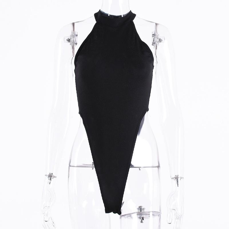 Women's Solid Color Tight-Fitting Sexy Shoulder-Cut Sleeveless Slim-Fit High-Necked Inner Jumpsuit